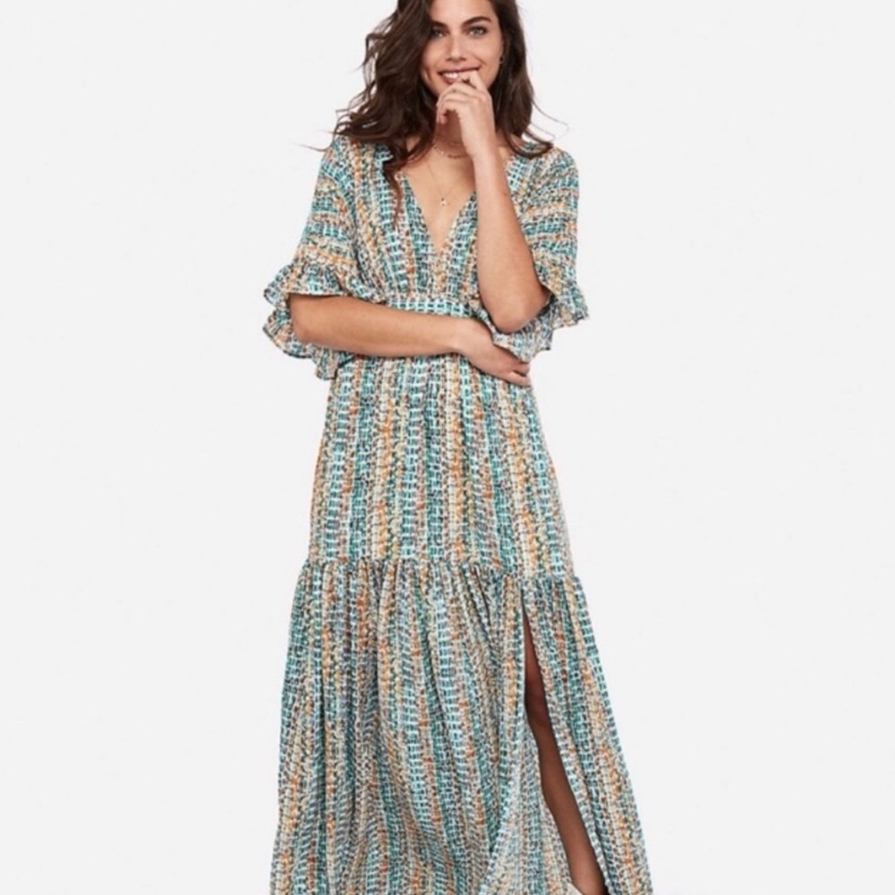 Express Multicolor Maxi Dress in Teal, Beige & White